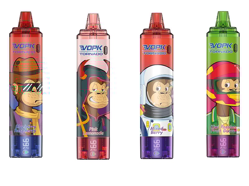 Four colorful disposable vape devices with cartoon monkey characters on the packaging, labeled with different flavors: Blueberry Raspberry, Pink Lemonade, Mixed Berry, and Kiwi Passion Fruit Guava.