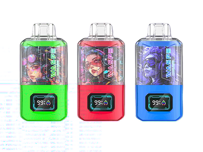 Three colorful vape devices with transparent tops and bold designs, each featuring a stylized female character illustration on the body and a digital display screen at the bottom. The devices are green, red, and blue.
