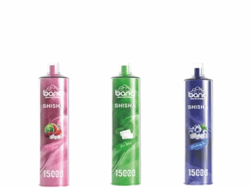 Drei bunte, zylindrische Vape-Geräte mit der Aufschrift „Bang“ und „Shisha“ in Pink, Grün und Blau, jeweils mit Abbildungen von Früchten darauf.