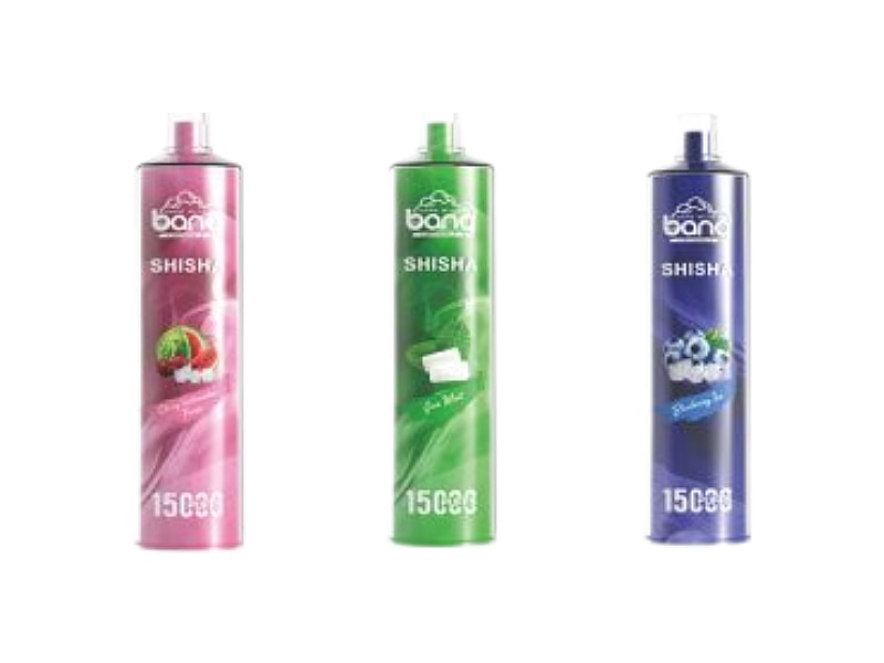 Three colorful cylindrical vape devices labeled "Bang" and "Shisha" in pink, green, and blue respectively, with fruit images on each.