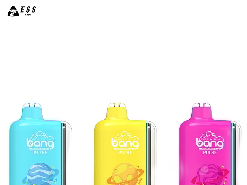 Three colorful vape devices labeled "bang PULSE" in blue (Blue Razz Ice), yellow (Peach Mango), and pink (Lychee Berry Ice) with planetary designs on the front, and the logo "E$$ vape" at the top left corner.