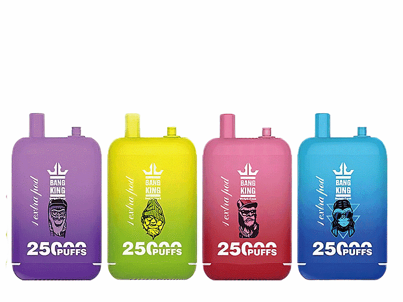 Vier bunte Einweg-Vaporizer in Lila, Gelb, Pink und Blau mit der Aufschrift „Bang King“ und „25000 Puffs“ sowie illustrierten Gesichtern.