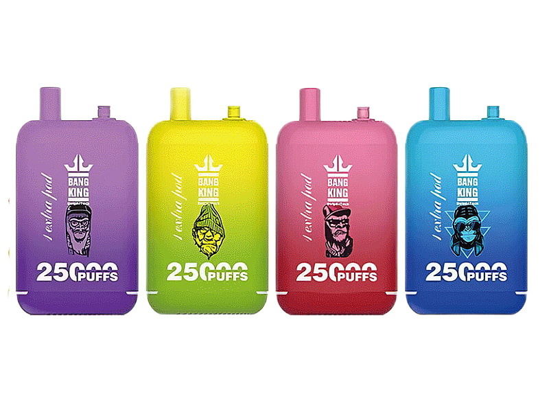 Four colorful disposable vapes in purple, yellow, pink, and blue, labeled "Bang King" and "25000 puffs" with illustrated faces.