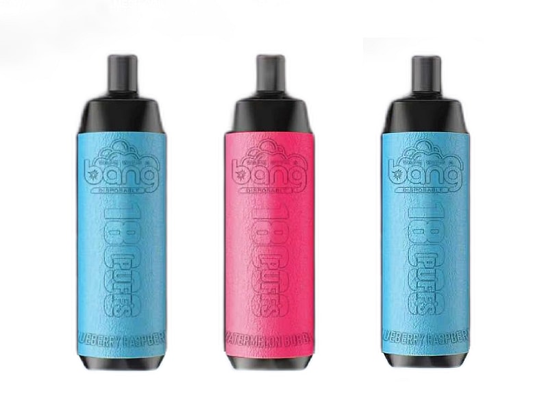 Three disposable vape pens, two in blue with the flavor "Blueberry Raspberry" and one in pink with the flavor "Watermelon Bubble", labeled "Bang".