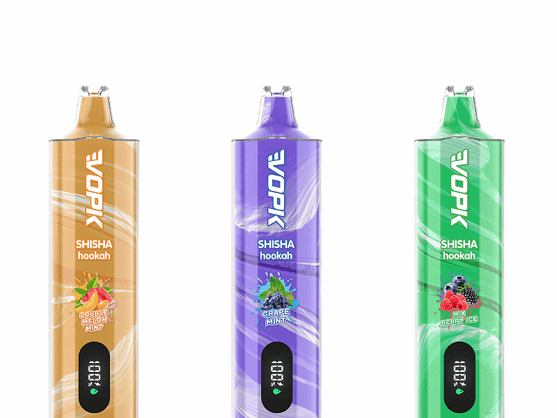 Three colorful disposable vape devices labeled "VORK" with 15,000 puffs. Flavors include Double Melon Mint (orange), Grape Mint (purple), and 4 Mix Berry Ice (green).
