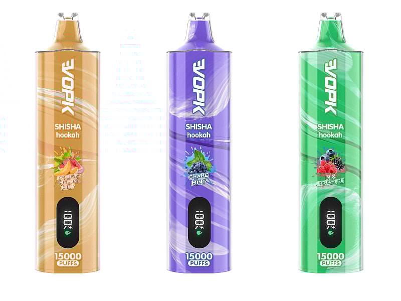 Three colorful disposable vape devices labeled "VORK" with 15,000 puffs. Flavors include Double Melon Mint (orange), Grape Mint (purple), and 4 Mix Berry Ice (green).