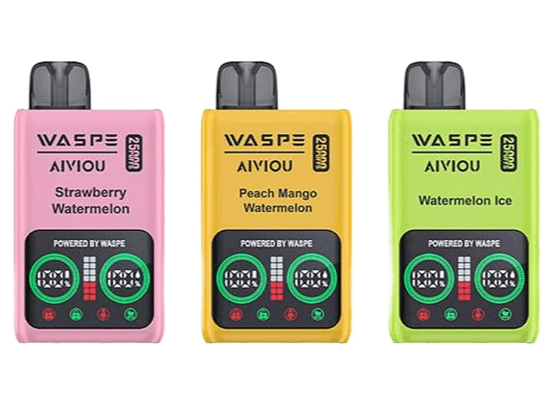 Three colorful vape devices labeled WASPE AIVIOU in pink, yellow, and green, featuring flavor names: Strawberry Watermelon, Peach Mango Watermelon, and Watermelon Ice.