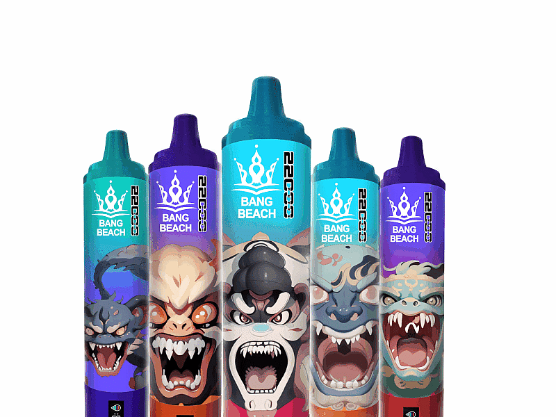 Bunte Vape-Geräte mit wilden Monster-Illustrationen, gebrandet als „Bang Beach“, in einer Reihe vor einem weißen Hintergrund angeordnet.