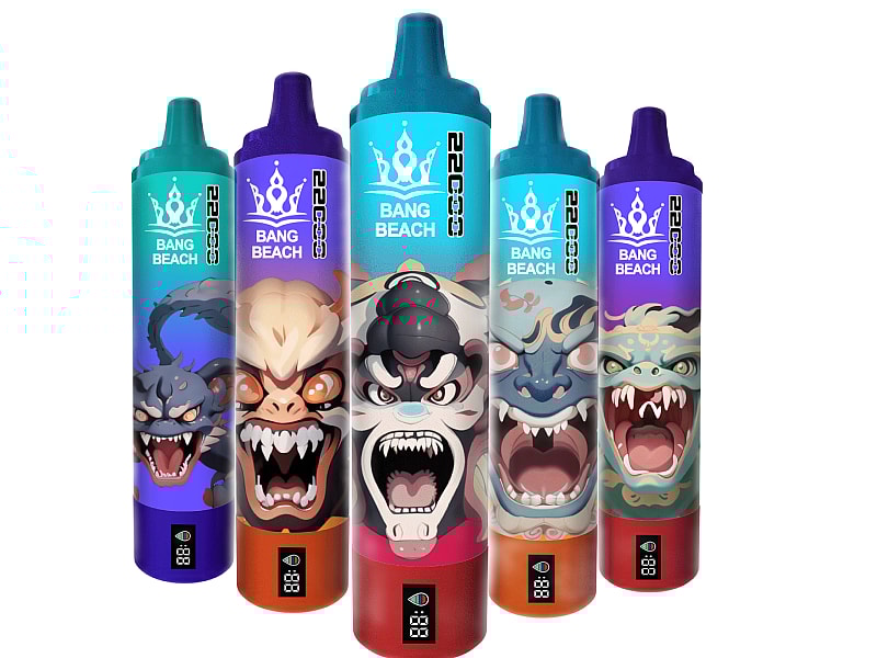 Colorful vape devices with fierce monster illustrations, branded as "Bang Beach," arranged in a row against a white background.