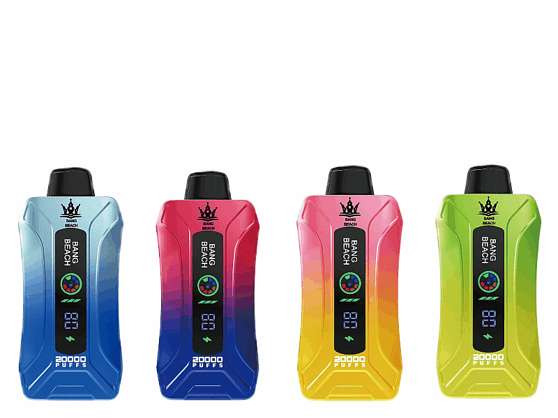 Vier farbenfrohe Vape-Geräte mit dem Markennamen „BANG BEACH“ und einem digitalen Display mit der Anzeige „20000 PUFFS“. Die Geräte sind blau, rot, pink, gelb und grün.