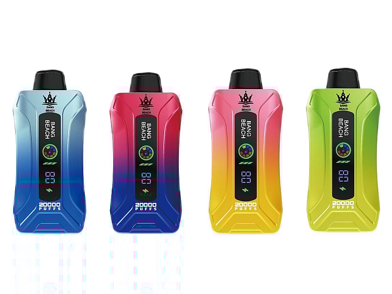 Four colorful vape devices with the brand name "BANG BEACH" and a digital screen displaying "20000 PUFFS." The devices are blue, red, pink and yellow, and green.