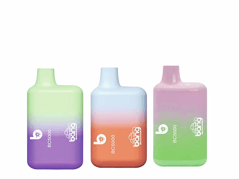 Drei Vape-Geräte mit Farbverlauf in den Kombinationen Grün-Lila, Blau-Orange und Pink-Grün.