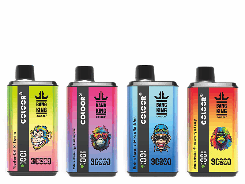Vape-Geräte mit farbenfroher Verpackung und Cartoon-Affen-Illustrationen.