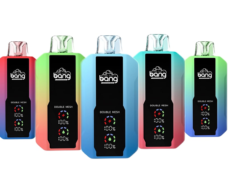 Five colorful Bang disposable vape devices with "Double Mesh" technology, featuring black central panels displaying power and usage indicators, arranged in a row.