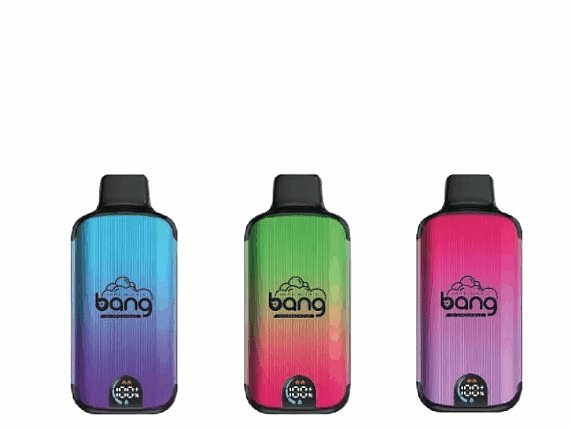 Drei farbenfrohe Vape-Geräte mit Farbverlauf, jeweils mit der Aufschrift „Bang“ und unterschiedlichen Farbkombinationen aus Blau-Violett, Grün-Orange und Rot-Violett.