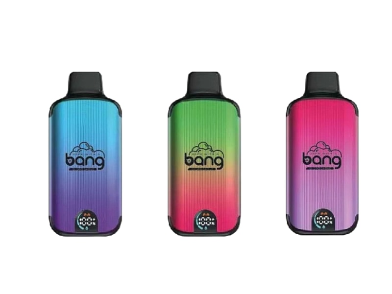 Three colorful vape devices with a gradient finish, each labeled "bang," featuring different color combinations of blue-purple, green-orange, and red-purple.