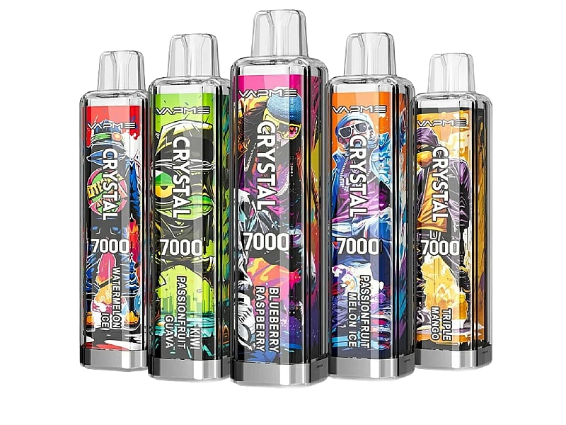 Five colorful disposable vape devices labeled "VAPME Crystal 7000," each with different flavor names, including Watermelon Ice, Passionfruit Guava, Blueberry Raspberry, Passionfruit Melon Ice, and Triple Mango.