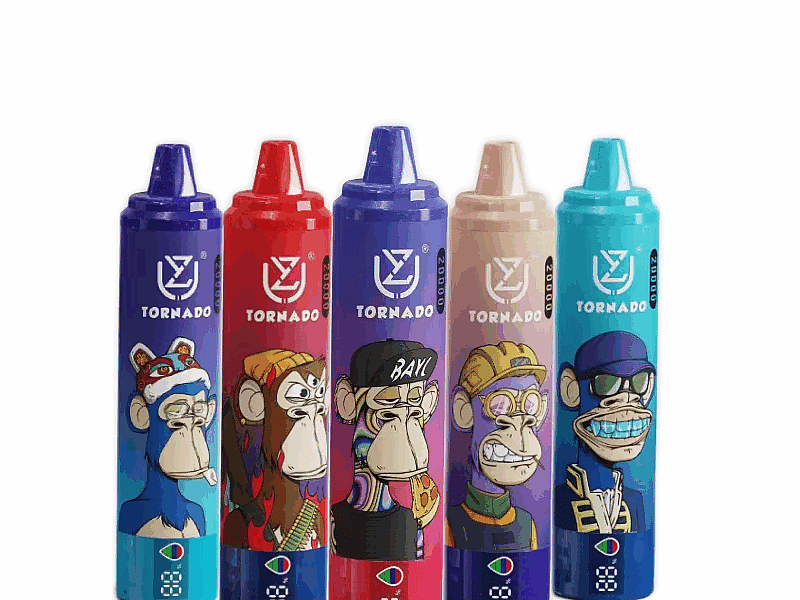 Five colorful vape pens with cartoon ape designs in different outfits and expressions. The brand "Tornado" and a logo are visible on each pen.