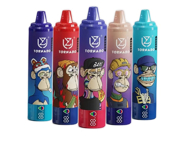 Five colorful vape pens with cartoon ape designs in different outfits and expressions. The brand "Tornado" and a logo are visible on each pen.