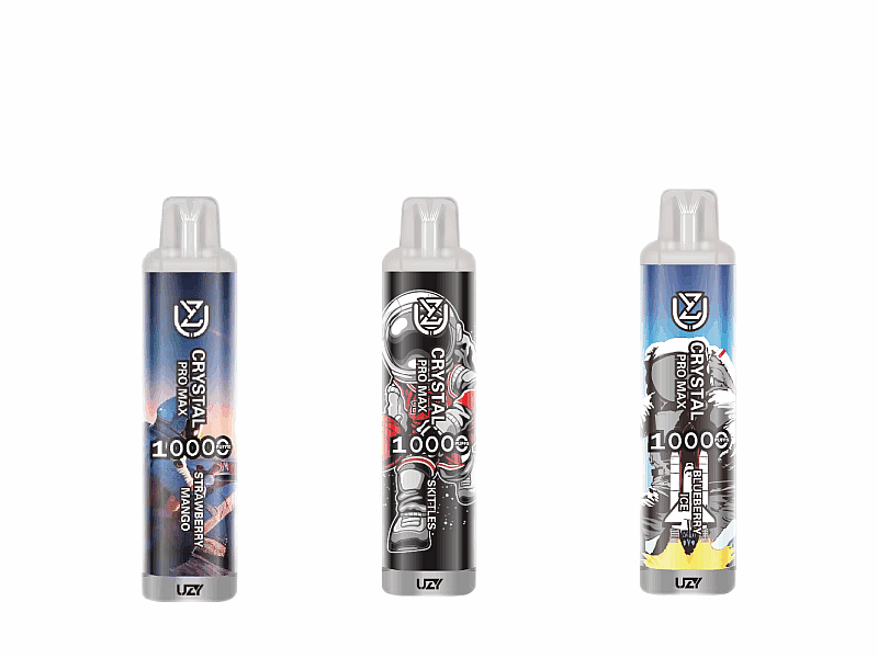 Three cylindrical disposable vapes with a capacity of 10000 puffs, featuring colorful designs and labeled flavors: "Strawberry Mango," "Skittles," and "Blueberry Ice."