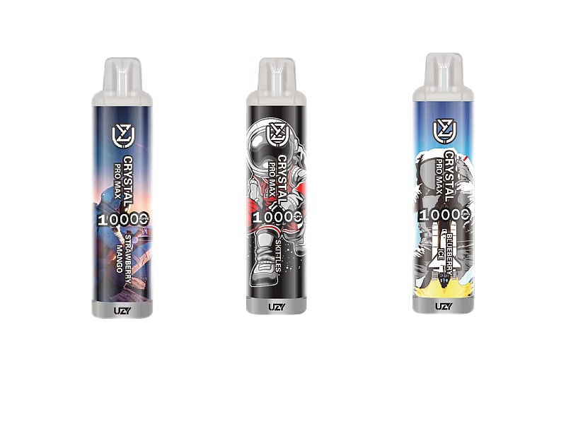 Three cylindrical disposable vapes with a capacity of 10000 puffs, featuring colorful designs and labeled flavors: "Strawberry Mango," "Skittles," and "Blueberry Ice."