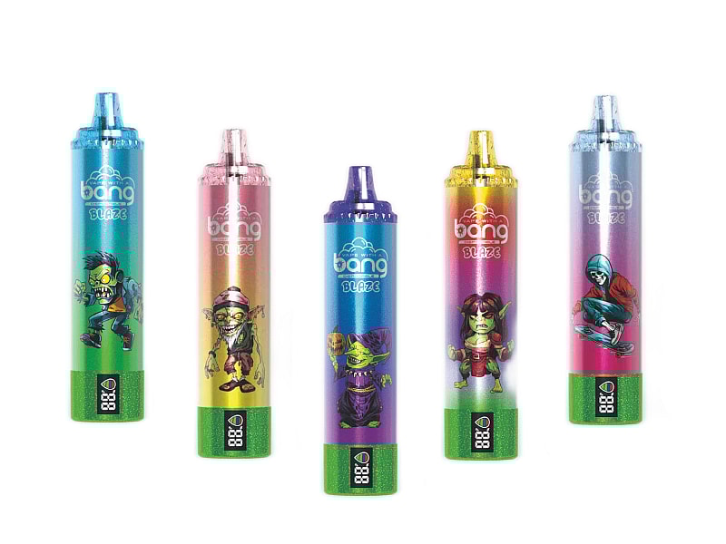 Colorful disposable vape pens with cartoon zombie and character designs, labeled "Bang Blaze," in vibrant packaging.