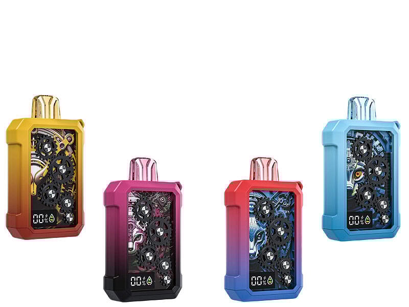 Four colorful vaping devices with transparent front panels revealing intricate gear mechanisms, displayed in yellow, pink, red, and blue.