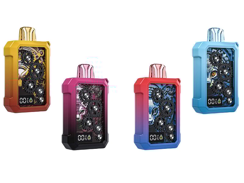 Four colorful vaping devices with transparent front panels revealing intricate gear mechanisms, displayed in yellow, pink, red, and blue.