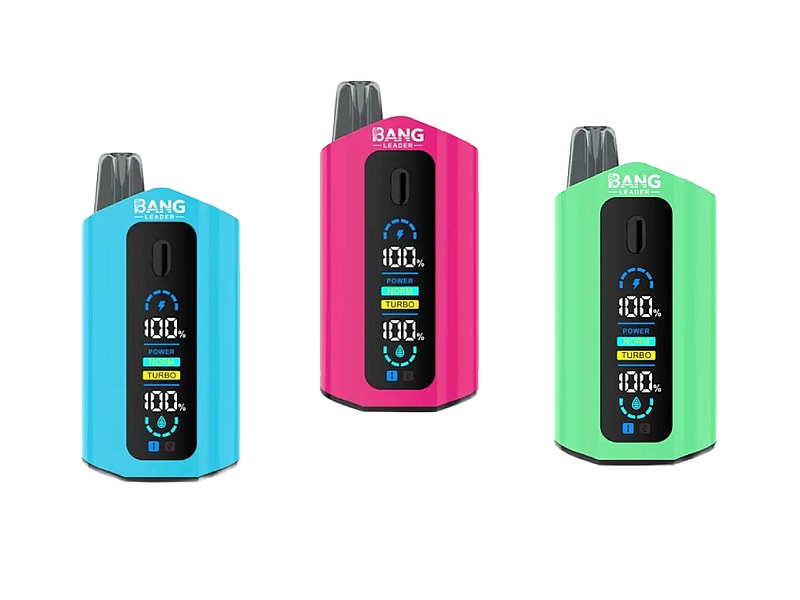 Three colorful vaping devices in blue, pink, and green, each displaying a digital screen with battery percentage and power settings, against a plain white background.