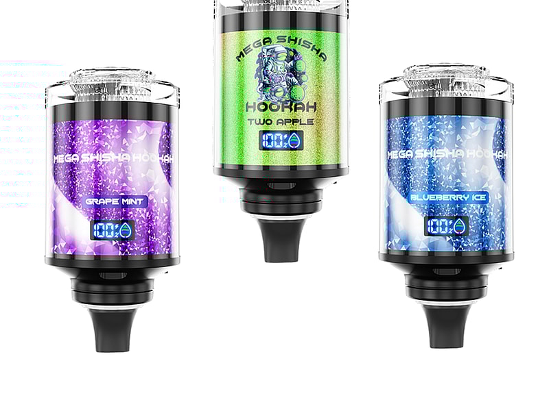 Three vape cartridges labeled 'Grape Mint,' 'Two Apple,' and 'Blueberry Ice,' featuring colorful designs and a digital display for liquid level, arranged in a triangular formation on a white background.