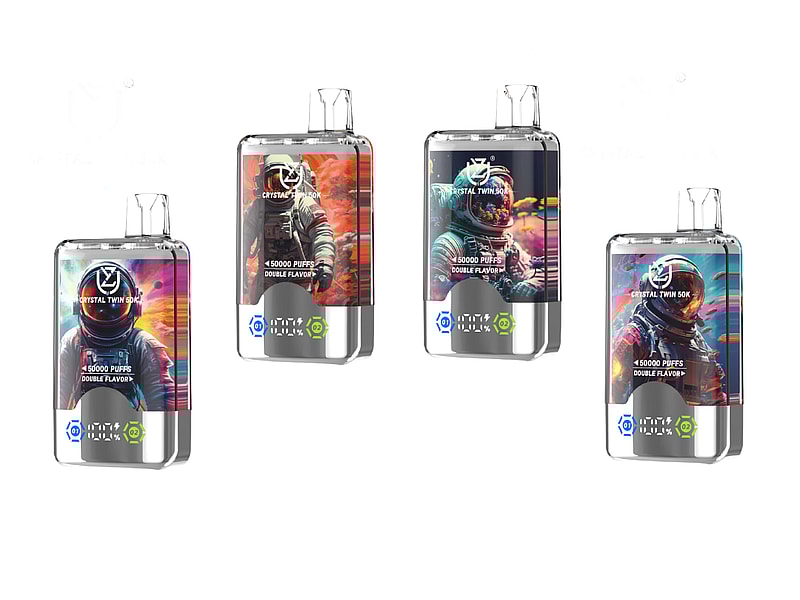 Four vape devices featuring astronaut-themed designs and labels indicating "15000 puffs" and "double flavor" in vibrant colors.