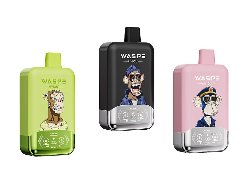 Three vape devices in bright colors: a green one featuring a cartoon character, a black one with a blurred face, and a pink one adorned with another cartoon character wearing pilot attire, all labeled 'WASPE' at the top.