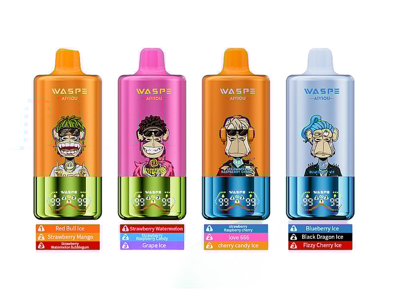A collection of four vape pens featuring colorful packaging and cartoon monkey illustrations, labeled with flavors like Red Bull Ice, Strawberry Watermelon, and Blueberry Ice, each displaying distinct designs and color themes.