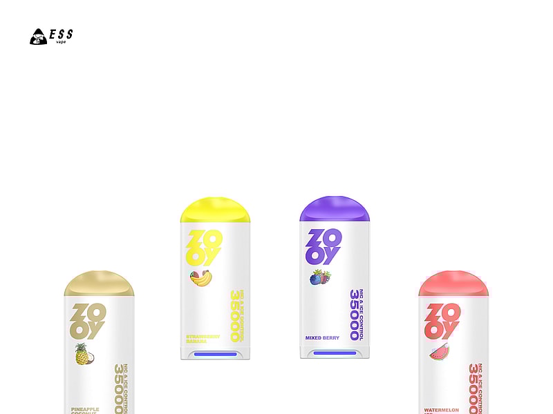 Four vape pens displayed on a white background, each labeled with different flavors: 'Pineapple Coconut' with a gold cap, 'Strawberry Banana' with a yellow cap, 'Mixed Berry' with a purple cap, and 'Watermelon Ice' with a red cap, all featuring a capacity of 35,000 puffs.