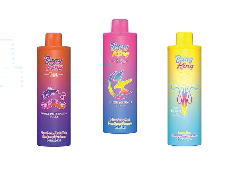 Three colorful vape juice bottles featuring distinct designs: a brown bottle labeled 'Family Duty Honor Tully' with an illustration of a fish, a pink bottle named 'High Honor Arbyn' with a bird graphic, and a yellow bottle marked 'We Do Not Sow' with tentacles, each showcasing vibrant gradient backgrounds and flavor descriptions.