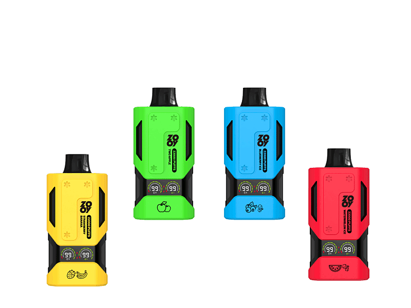 Vier farbenfrohe Vape-Geräte: Gelb mit Bananendesign, Grün mit Apfeldesign, Blau mit Fruchtsymbolen und Rot mit Wassermelonendesign, jeweils mit digitalen Anzeigebildschirmen.