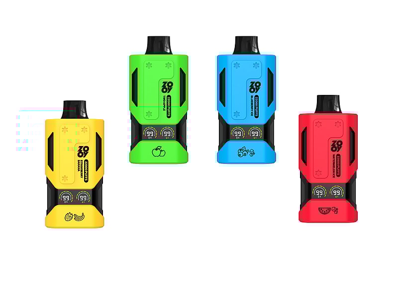 Four colorful vape devices: yellow with banana design, green with apple design, blue with fruit icons, and red with watermelon design, each featuring digital display screens.