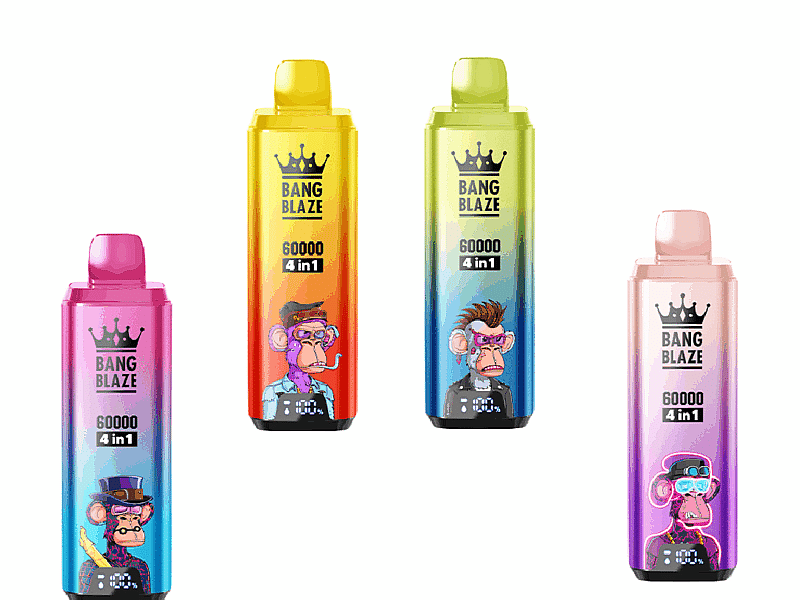 Eine Sammlung von vier farbenfrohen Vape-Geräten mit der Bezeichnung „BANG BLAZE 60000 4 in 1“ und Cartoon-Affenmotiven auf der Vorderseite. Die Geräte sind von links nach rechts angeordnet und weisen eine rosa, gelbe, grüne und hellrosa Variante mit Farbverläufen auf.