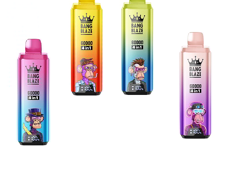 A collection of four colorful vape devices labeled 'BANG BLAZE 60000 4 in 1', featuring cartoon monkey designs on their faces; the devices are arranged left to right with a pink, yellow, green, and light pink variant showcasing gradient color schemes.
