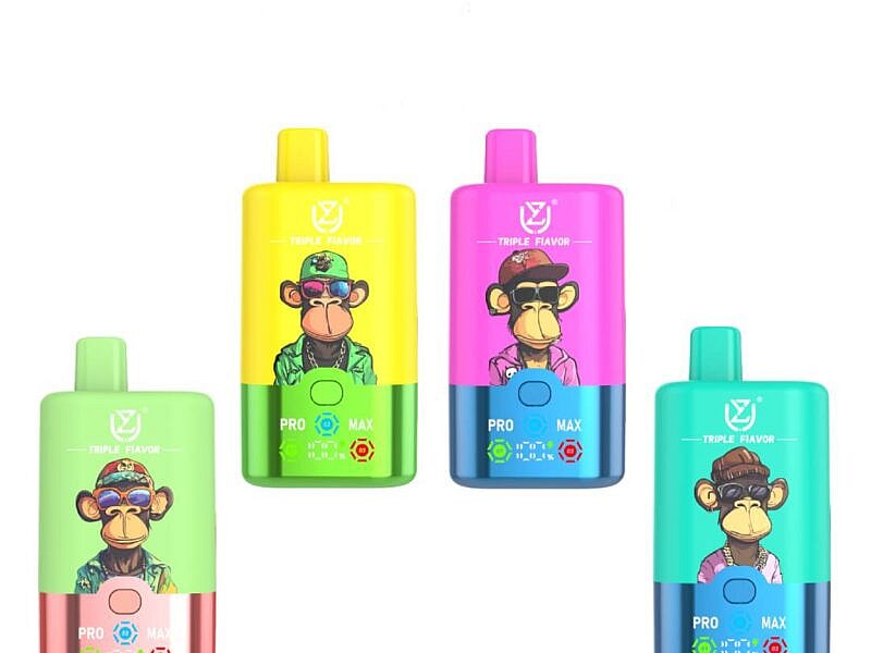 Four colorful vape pens featuring cartoon monkey designs, each labeled with 'TRIPLE FLAVOR' and varying color schemes, including green, yellow, pink, and blue.