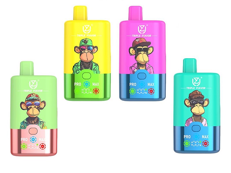 Four colorful vape pens featuring cartoon monkey designs, each labeled with 'TRIPLE FLAVOR' and varying color schemes, including green, yellow, pink, and blue.