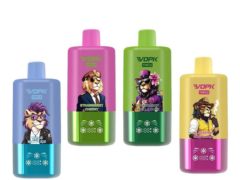 Four vape bottles with colorful designs depicting cartoon lions, featuring flavors labeled as 'Strawberry Cherry,' 'Strawberry Vanilla Ice,' 'Blueberry Raspberry,' and 'Lush Melon Ice.'