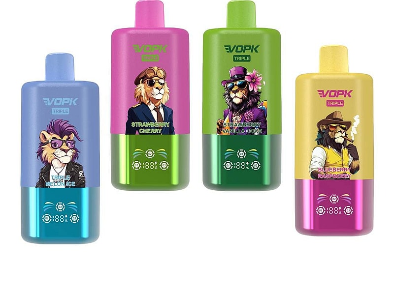 Vier Vape-Flaschen mit farbenfrohen Designs, die Comic-Löwen darstellen, mit den Geschmacksrichtungen „Erdbeer-Kirsche“, „Erdbeer-Vanille-Eis“, „Blaubeere-Himbeere“ und „Üppiges Melonen-Eis“.