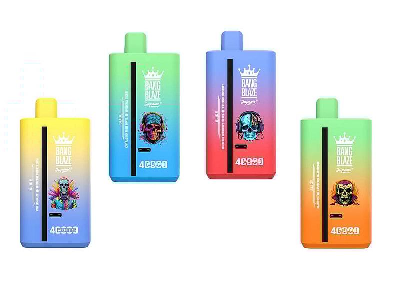 Four colorful vape devices from the Bang Blaze series with vibrant designs, featuring various graphics including a skull and a colorful abstract pattern, arranged in a row against a white background.
