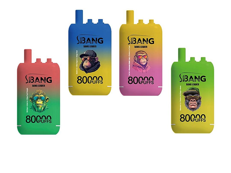 Uma coleção de quatro dispositivos de vaporização coloridos, denominados 'Bang Leader', projetados para 8.000 tragadas, com personagens de macacos de desenho animado em cada dispositivo e vários gradientes de cores vibrantes.