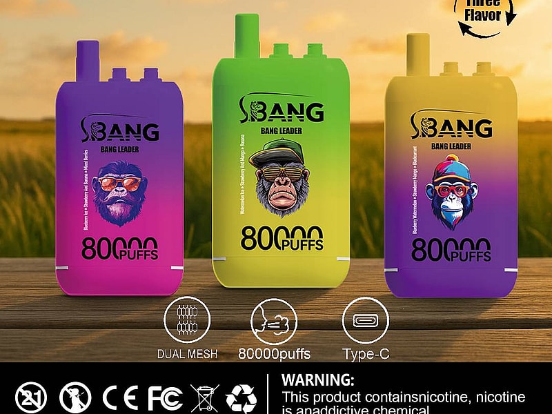A colorful display of three vape pens labeled "80000PUFFS," featuring distinct flavors and styles, set against a blurred outdoor background with a grassy field.