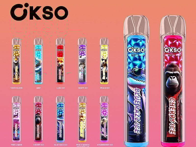 A colorful display of various e-liquid vape pens by OKSO, featuring flavors like Tiger Blood, Mint, and Cherry Ice, arranged against a gradient background, with prominent labels indicating an 800 puffs and 2ML e-liquid capacity.