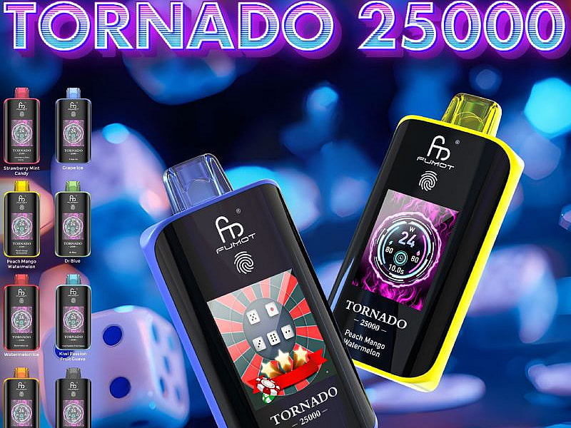 A vibrant display of two electronic vape devices named "TORNADO 25000" in black and yellow, showcasing colorful flavor options and a digital screen with various features like a touch switch and battery life indicator, surrounded by abstract blue and purple lighting effects and dice in the background.