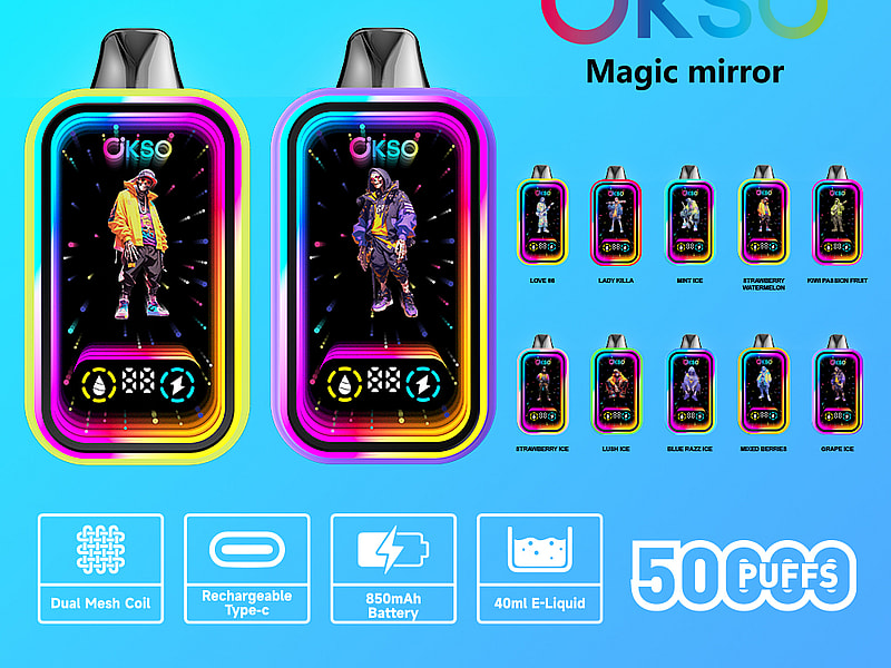 Un'immagine promozionale colorata raffigurante due dispositivi per lo svapo chiamati OKSO con personaggi animati sui loro schermi, che mostrano caratteristiche come una doppia bobina a rete, una porta Type-C ricaricabile, una batteria da 850 mAh e una capacità di e-liquid di 40 ml, insieme a 11 opzioni di aromi elencate sul lato destro.