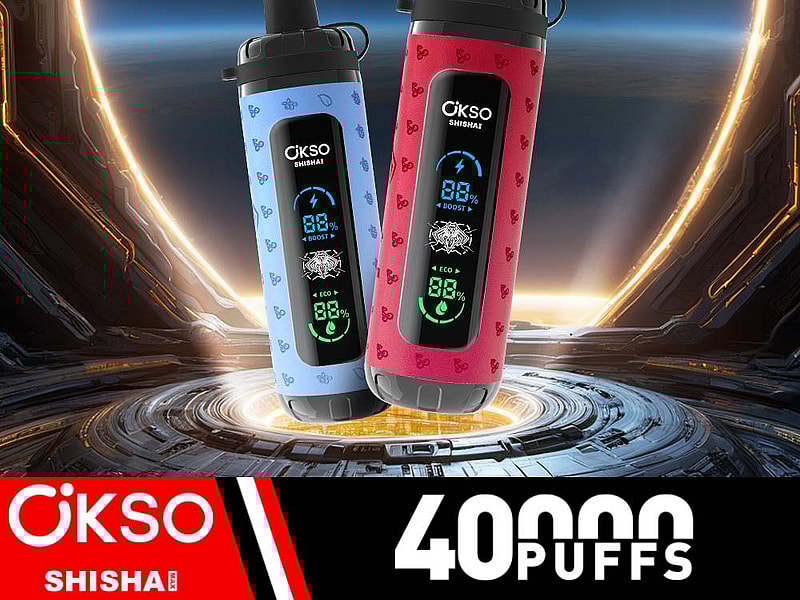 Un narghilè blu e uno rosso dotato di schermi LED che indicano i livelli della batteria e le modalità, su uno sfondo futuristico con un'atmosfera spaziale; in basso è ben visibile la scritta "40000 PUFFS".